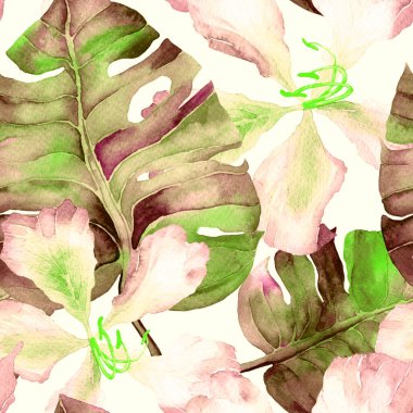 Green Turquoise Exotic pattern. Watercolor tropic leaves. Palm and Hibiscus jungle seamless pattern. Summer hawaiian watercolor background. Tropical palms, monsteras, hibiscus flowers print.