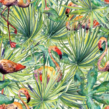 Flamingo deseni. Tropik yaz yeşili kırmızı iz. Kuşlarla dolu egzotik bahar canavarları. Moda Hawai Ormanı tekrar eden pürüzsüz fayanslar. Palm Botanik mayo tasarımı. Miami Vahşi Hayatı.