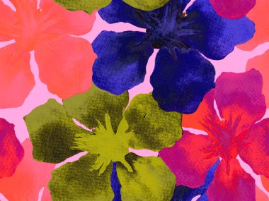 Hawaii suluboya deseni. Pembe kırmızı tropikal desensiz çiçek deseni. Hibiscus ve zakkum Hawaii 'de. Aloha mayo tasarımı. Egzotik buket moda illüstrasyonu. Suluboya yatay fayans.