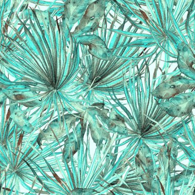 Tropikal desen. Suluboya egzotik çiçekler ve canavar yaprakları. Kusursuz desenli beyaz yeşil bitkiler. Yaz Hawaii suluboya geçmişi. Tropik palmiyeler, canavarlar, çiçek desenleri..