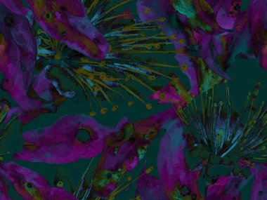 Kalın Çiçekler. Mor Arkaplanda Büyük Tropikal Kusursuz Parmak izi. Büyük Egzotik Bahar Kova Maracuja Sonsuz Arkaplanı. Soyut Kalın Çiçek Yazdırma. 