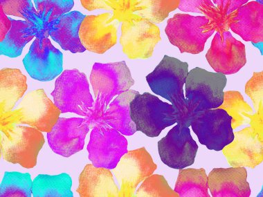 Hawaii suluboya deseni. Gökkuşağı çiçekli tropikal iz. Hibiscus ve zakkum Hawaii 'de. Aloha mayo tasarımı. Egzotik buket moda illüstrasyonu. Suluboya yatay fayans.