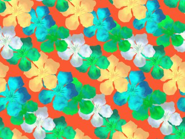 Hawaii suluboya deseni. Yeşil turkuaz çiçekli, dikişsiz tropikal iz. Hibiscus ve zakkum Hawaii 'de. Aloha mayo tasarımı. Egzotik buket moda illüstrasyonu. Suluboya yatay fayans.