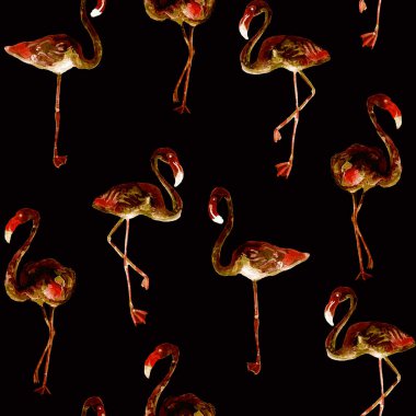 Flamingo deseni. Tropikal yaz siyah pembe iz. Kuşlarla dolu egzotik bahar tekstil arka planı. Moda Hawai Ormanı tekrar eden pürüzsüz fayanslar. Modaya uygun botanik mayo tasarımı. Miami Vahşi Hayatı.