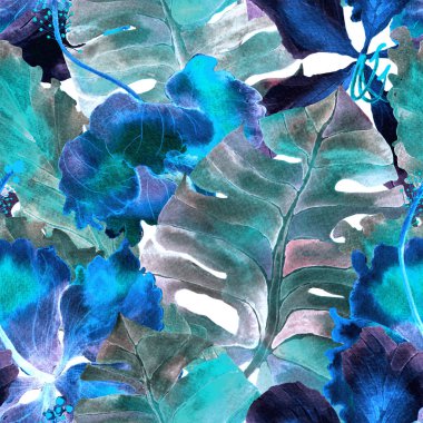 Yaz döngüsü. Suluboya tropik çiçekler ve canavar yaprakları. Palm ve Hibiscus bitkileri kusursuz desende. Bahar Hawaii suluboya geçmişi. Tropik palmiyeler, canavarlar, çiçek desenleri..