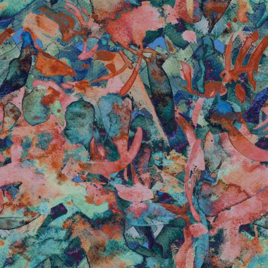 Suluboya egzotik, pürüzsüz desen. Renkli bir arka plan. Soyut geometrik suluboya tasarımı. Mayo dokusu. Çiçekli Coachella pürüzsüz desen. Etnik soyut karma sanat eserleri.