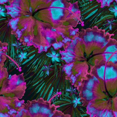 Tropikal desen. Suluboya egzotik çiçekler ve canavar yaprakları. Ultraviyole bitkiler kusursuz desende. Yaz Hawaii suluboya geçmişi. Tropik palmiyeler, canavarlar, çiçek desenleri..