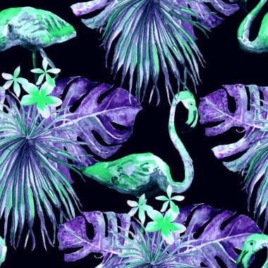 Flamingo deseni. Tropik yaz ultraviyole izi. Kuşlarla dolu egzotik bahar tekstil arka planı. Moda Hawai Ormanı tekrar eden pürüzsüz fayanslar. Palm Botanik mayo tasarımı. Miami Vahşi Hayatı.