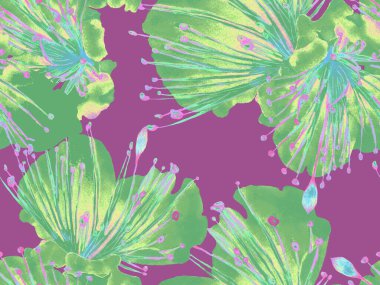 Cesur Çiçek Tasarımı. Yeşil ve Kızıl Arkaplanda Büyük Tropikal Kusursuz Parmak izi. Büyük Hawaii Baharı Maracuja Sonsuz Arkaplanı. Sanatsal Kalın Çiçek Tasarımı.