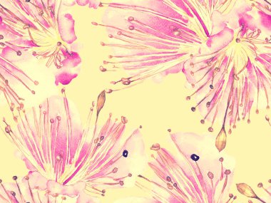 Cesur Çiçek Tasarımı. Kızıl Arkaplanda Büyük Tropikal Kusursuz Parmak İzi. Büyük Hawaii Yaz Aquarelle Lilikoi Sonsuz Arkaplan. Sanatsal Kalın Çiçek Tasarımı.