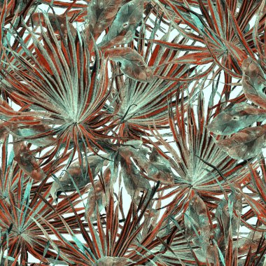 Tropikal desen. Suluboya egzotik çiçekler ve canavar yaprakları. Kırmızı mavi bitkiler pürüzsüz desende. Yaz Hawaii suluboya geçmişi. Tropik palmiyeler, canavarlar, çiçek desenleri..