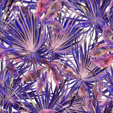 Tropikal desen. Suluboya egzotik çiçekler ve canavar yaprakları. Ultraviyole bitkiler kusursuz desende. Yaz Hawaii suluboya geçmişi. Tropik palmiyeler, canavarlar, çiçek desenleri..