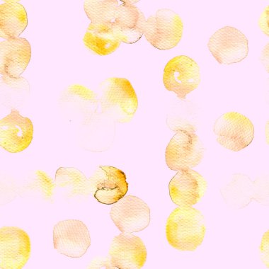 Sarı pembe suluboya deseni. Islak sıvı fırça boya arka planı. Soyut küre şablon tasarımı. Suluboya çok az mayo dairesi izi. Moda, basit bir süs. Modern spot arkaplanı.