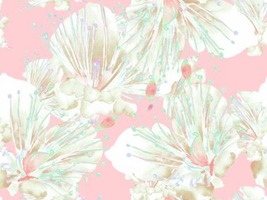 Kalın Çiçek deseni. Pembe ve Sarı Arkaplanda Büyük Tropikal İzler. Büyük Tropik Bahar Suluboya Tutku Meyvesi Sonsuz Arkaplan. Modern Kalın Çiçek Deseni.