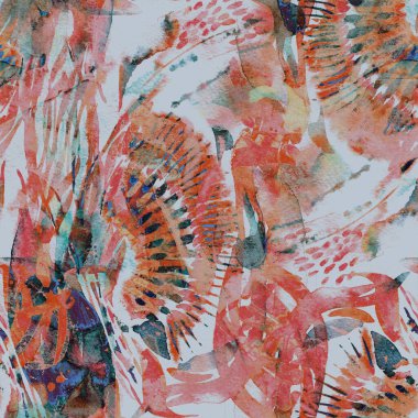 Suluboya egzotik, pürüzsüz desen. Kabile renginde boya fırçası izi. Soyut sıçrama, suluboya tasarımı. Mayo dokusu. Çiçekli Coachella pürüzsüz desen. Etnik soyut karma sanat eserleri.