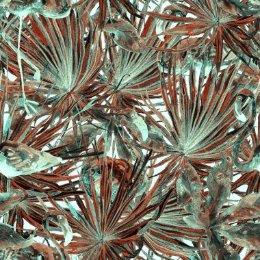 Flamingo deseni. Tropik yaz yeşili kırmızı iz. Kuşlarla dolu egzotik bahar tekstil arka planı. Moda Hawai Ormanı tekrar eden pürüzsüz fayanslar. Palm Botanik mayo tasarımı. Miami Vahşi Hayatı.