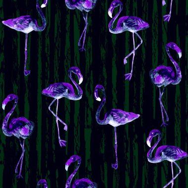 Flamingo deseni. Tropik yaz mavisi siyah iz. Kuşlarla dolu egzotik bahar tekstil arka planı. Moda Hawai Ormanı tekrar eden pürüzsüz fayanslar. Çizgili botanik mayo tasarımı. Miami Vahşi Hayatı.