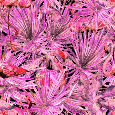 Flamingo deseni. Tropik yaz beyaz kırmızı baskısı. Kuşlarla dolu egzotik bahar tekstil arka planı. Moda Hawai Ormanı tekrar eden pürüzsüz fayanslar. Palm Botanik mayo tasarımı. Miami Vahşi Hayatı.