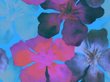 Hawaii suluboya deseni. Çivit mavisi, tropikal, dikişsiz iz. Hibiscus ve zakkum Hawaii 'de. Aloha mayo tasarımı. Egzotik buket moda illüstrasyonu. Suluboya yatay fayans.