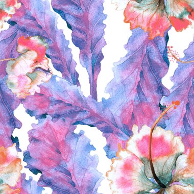 Yaz döngüsü. Suluboya tropik çiçekler ve canavar yaprakları. Palm ve Hibiscus ormanları pürüzsüz. Yaz Hawaii suluboya geçmişi. Avuç içleri, canavarlar, mayo izleri..