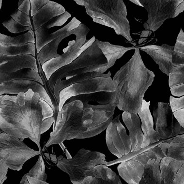 Yaz döngüsü. Suluboya tropik çiçekler ve canavar yaprakları. Palm ve Hibiscus ormanları pürüzsüz. Yaz Hawaii suluboya geçmişi. Tropik palmiyeler, canavarlar, çiçek desenleri..