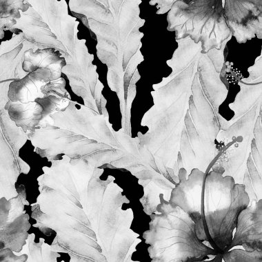 Yaz döngüsü. Suluboya tropik çiçekler ve canavar yaprakları. Palm ve Hibiscus ormanları pürüzsüz. Yaz Hawaii suluboya geçmişi. Tropik palmiyeler, canavarlar, çiçek desenleri..