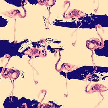 Flamingo deseni. Tropik yaz kırmızısı mavi iz. Kuşlarla dolu egzotik bahar tekstil arka planı. Moda Hawai Ormanı tekrar eden pürüzsüz fayanslar. Çizgili botanik mayo tasarımı. Miami Vahşi Hayatı.