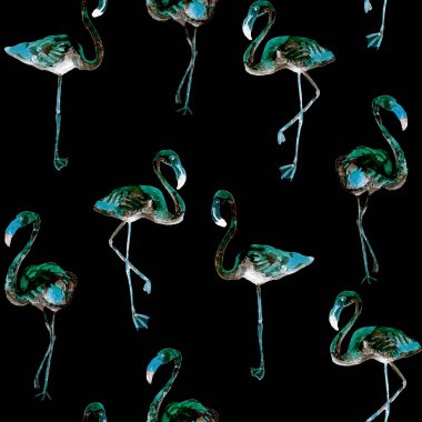 Flamingo deseni. Tropik yaz suluboya baskısı. Kuşlarla dolu egzotik bahar tekstil arka planı. Moda Hawai Ormanı tekrar eden pürüzsüz fayanslar. Modaya uygun botanik mayo tasarımı. Miami Vahşi Hayatı.