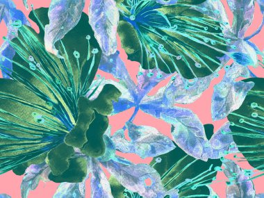 Kalın Çiçek deseni. Yeşil ve Kırmızı Arkaplanda Büyük Egzotik Kusursuz Parmak izi. Büyük Egzotik Bahar Suluboya Tutku Meyvesi Sonsuz Arkaplan. Kalın Çiçek Tasarımı.