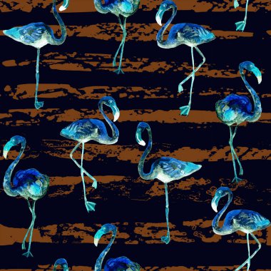 Flamingo deseni. Tropik yaz mavisi kırmızı iz. Kuşlarla dolu egzotik bahar tekstil arka planı. Moda Hawai Ormanı tekrar eden pürüzsüz fayanslar. Çizgili botanik mayo tasarımı. Miami Vahşi Hayatı.