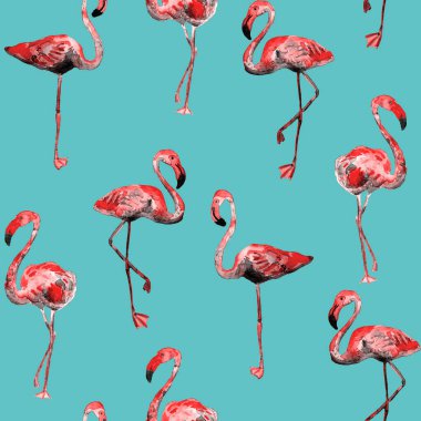 Flamingo deseni. Tropik yaz suluboya baskısı. Kuşlarla dolu egzotik bahar tekstil arka planı. Moda Hawai Ormanı tekrar eden pürüzsüz fayanslar. Modaya uygun botanik mayo tasarımı. Miami Vahşi Hayatı.