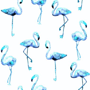 Flamingo deseni. Tropik beyaz çivit rengi. Kuşlarla dolu egzotik bahar tekstil arka planı. Moda Hawai Ormanı tekrar eden pürüzsüz fayanslar. Modaya uygun botanik mayo tasarımı. Miami Vahşi Hayatı.