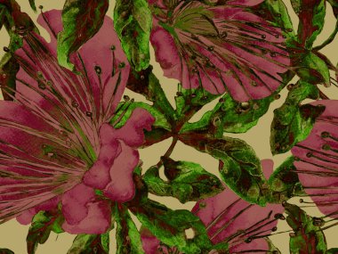 Kalın Çiçekler. Yeşil ve Kırmızı Arkaplanda Geniş Orman Kusursuz Parmak izi. Büyük Hawaii Yaz Sulu Granadilla Sonsuz Arkaplan. Soyut Kalın Çiçek Yazdırma. 