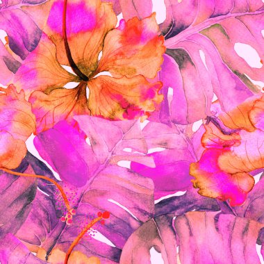 Yaz döngüsü. Suluboya tropik çiçekler ve canavar yaprakları. Palm ve Hibiscus ormanları pürüzsüz. Bahar Hawaii suluboya geçmişi. Avuç içleri, canavarlar, mayo izleri..