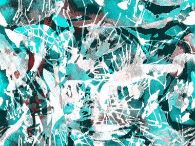 Sıvı, pürüzsüz desen. Mavi suluboya fırça darbesi grunge fayans. Suluboya kaotik sıçrama boya tasarımı. Kademeli mürekkep lekeleri. Çamur tabakası. Sıvı damlayan fırça sonsuz iz.