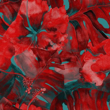 Yaz döngüsü. Suluboya tropik çiçekler ve canavar yaprakları. Palm ve Hibiscus bitkileri kusursuz desende. Bahar Hawaii suluboya geçmişi. Avuç içleri, canavarlar, mayo izleri..