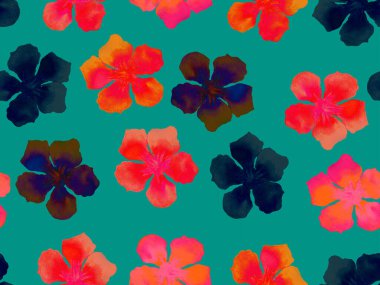 Hawaii suluboya deseni. Yeşil turkuaz çiçekli, dikişsiz tropikal iz. Hibiscus ve zakkum Hawaii 'de. Aloha mayo tasarımı. Egzotik buket moda illüstrasyonu. Suluboya yatay fayans.