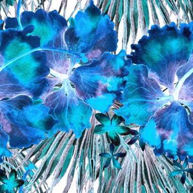 Tropikal desen. Suluboya egzotik çiçekler ve canavar yaprakları. Siyah mavi bitkiler pürüzsüz desende. Yaz Hawaii suluboya geçmişi. Tropik palmiyeler, canavarlar, çiçek desenleri..