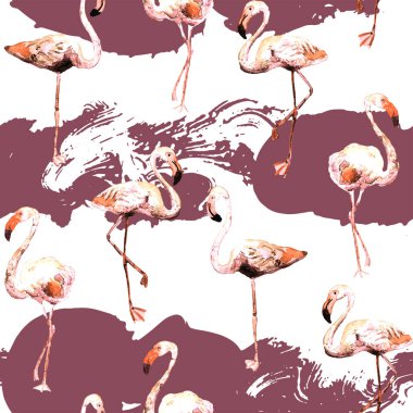Flamingo deseni. Tropik yaz kırmızı pembe baskısı. Kuşlarla dolu egzotik bahar tekstil arka planı. Moda Hawai Ormanı tekrar eden pürüzsüz fayanslar. Çizgili botanik mayo tasarımı. Miami Vahşi Hayatı.
