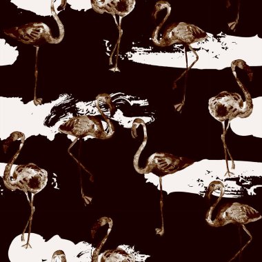 Flamingo deseni. Tropikal yaz siyah baskısı. Kuşlarla dolu egzotik bahar tekstil arka planı. Moda Hawai Ormanı tekrar eden pürüzsüz fayanslar. Çizgili botanik mayo tasarımı. Miami Vahşi Hayatı.