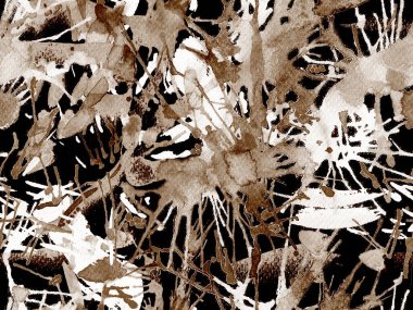 Sıvı, pürüzsüz desen. Siyah beyaz suluboya fırça darbesi grunge tasarımı. Suluboya soyut sıçrama boyası tasarımı. Elle çizilmiş mürekkep lekeleri. Toprak sıçrama deseni. Sıvı damlayan fırça sonsuz iz. 