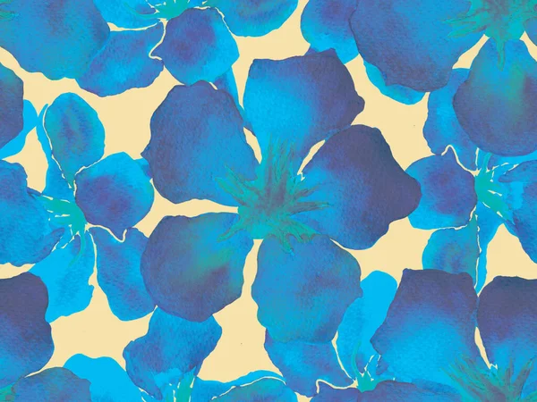 Hawaiian watercolor pattern. Indigo blue floral tropical seamless print. Hibiscus and oleander in Hawaii. Aloha swimwear design. Exotic bouquet fashion illustration. Watercolour horizontal tile.