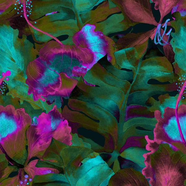 夏天的图案 水彩艳丽的热带花和怪兽的叶子 棕榈和芙蓉丛林无缝模式 夏天的夏威夷水彩画背景 热带棕榈 芙蓉花纹 — 图库照片