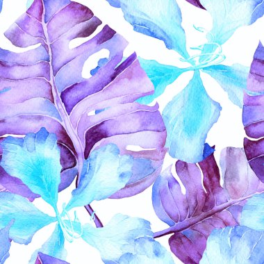 Tatil düzeni. Suluboya tropik çiçekler ve canavar yaprakları. Palm ve Hibiscus ormanları pürüzsüz. Yaz Hawaii suluboya geçmişi. Avuç içleri, canavarlar, mayo izleri..