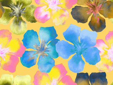 Hawaii suluboya deseni. Sarı turuncu tropikal desensiz çiçek deseni. Hibiscus ve zakkum Hawaii 'de. Aloha mayo tasarımı. Egzotik buket moda illüstrasyonu. Suluboya yatay fayans.