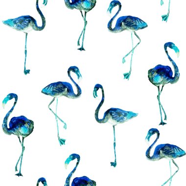 Flamingo deseni. Tropik beyaz çivit rengi. Kuşlarla dolu egzotik bahar tekstil arka planı. Moda Hawai Ormanı tekrar eden pürüzsüz fayanslar. Modaya uygun botanik mayo tasarımı. Miami Vahşi Hayatı.