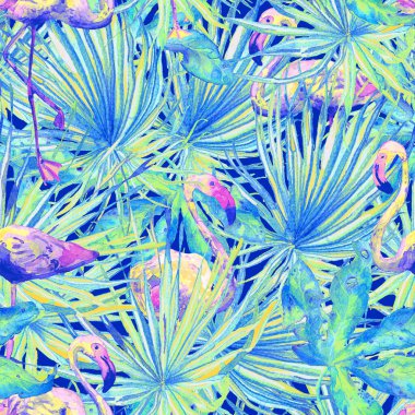 Flamingo deseni. Tropik yaz yeşili kırmızı iz. Kuşlarla dolu egzotik bahar tekstil arka planı. Moda Hawai Ormanı tekrar eden pürüzsüz fayanslar. Palm Botanik mayo tasarımı. Miami Vahşi Hayatı.
