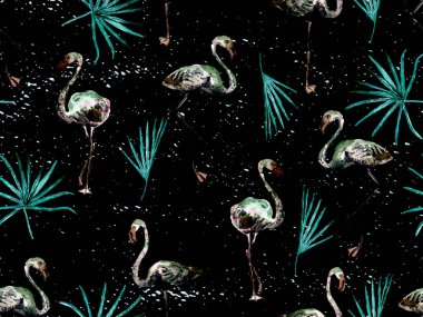 Büyük hipster flamingo mavisi, kusursuz Hawaii deseni. İlkbahar suluboya tişört baskısı. Doymuş hippi mayo, tüylü kuşları olan fayanslar. Flamingolu yatay fayans.