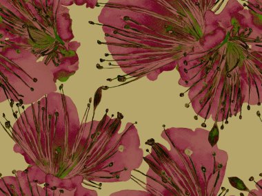 Kalın Çiçek deseni. Kahverengi Arkaplanda Büyük Hawaii Kusursuz Parmak izi, Kara Arkaplan. Büyük Egzotik Bahar Suluboya Granadilla Sonsuz Arkaplan. Modern Kalın Çiçek Deseni.