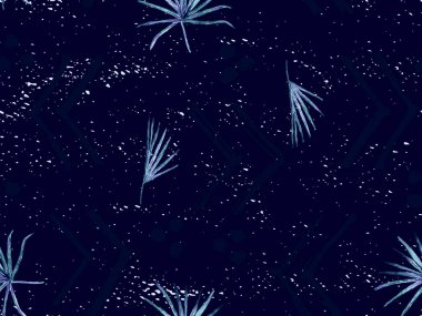 İndigo egzotik desen. Canavar yaprakları ve amber çiçekleri yaz baskısı. Doymuş büyük çiçekli mayo izi. Yatay Kaliforniya doğal doku tasarımı. Güzel bahar botanik tasarımı.